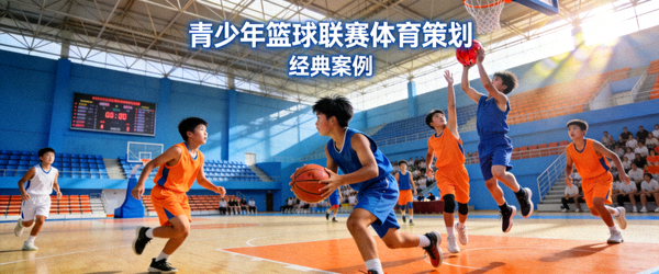 经典案例封面 - 青少年篮球联赛体育策划，孩子们在专业场地上比赛